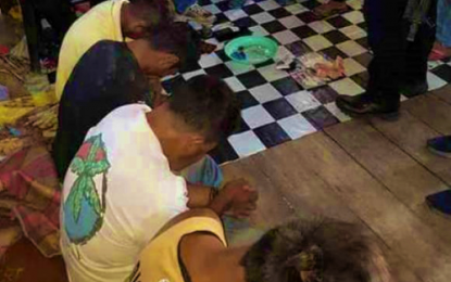 <p><strong>ARRESTED.</strong> Four of five suspects caught by authorities in the act of sniffing shabu inside a suspected drug den owned by a couple in Sultan Kudarat, Maguindanao on Wednesday (Oct. 9, 2019). Seized from the fifth arrested suspect, the wife of a high-value target drug personality, were PHP170,000 worth of shabu and two hand grenades. <em>(Photo courtesy of PDEA-BARMM)</em></p>