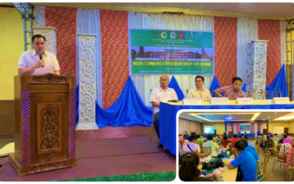 <p><strong>COMMUNICATORS WORKSHOP.</strong> Presidential Communications Operations Office Usec. George Apacible speaks during the opening of the first-ever “Media Communications Workshop for BARMM” in Cotabato City on Thursday (Oct. 10. 2019). The two-day activity at the Alnor Hotel Convention Hotel was attended by some 100 information officers (inset) from across the region. <em>(Photo by PNA Cotabato)</em></p>