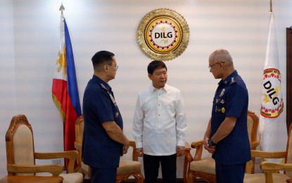 <p>Philippine National Police officer-in-charge Archie Gamboa (left), Interior Secretary Eduardo Año, and resigned PNP chief Gen. Oscar Albayalde <em>(Photo courtesy of PNP PIO)</em></p>