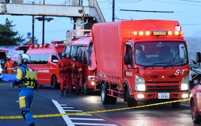 <p><strong>RESCUE AND RELIEF OPS.</strong> Policemen and firefighters participate in rescue and relief operations in Nagano Prefecture, Japan on Oct. 13, 2019. The bank of the Chikuma River in Nagano Prefecture collapsed and caused massive flooding in residential areas. <em>(Xinhua photo)</em></p>