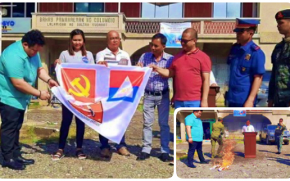 <p><strong>PERSONA NON GRATA.</strong> Municipal Councilor Datu Zahir Mamalinta (extreme left) of Columbio, Sultan Kudarat set on fire the CPP-NDF-NPA flag (inset) in front of the town hall on Monday (Oct. 14, 2019) to affirm their stand against the communist movement. Members of the town council have passed a resolution declaring the communist rebels as persona non grata.<em> (Photos courtesy of Columbio SB)</em></p>