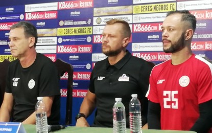 <p><strong>TEAM PHILIPPINES.</strong> Philippine Azkals coaches Goran Milojevic and Scott Cooper, and team captain Stephan Schrock (from left to right) discuss the national team’s preparations for the face-off against China during Monday’s (Oct. 14, 2019) press conference. The Tuesday night match, which kicks off at 8 p.m. at the Panaad Stadium in Bacolod City, is a qualifier for the 2022 World Cup and 2023 Asian Cup. <em>(PNA photo by Nanette L. Guadalquiver)</em></p>