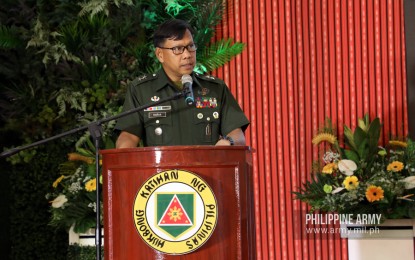 <p><strong>STRENGTHENING CYBER-DEFENSE.</strong> Major Gen. Tyne T. Bañas, PA Chief of Installation and Management Command, stresses the need for continuous enhancement of cyber-defense capabilities of the Army during the 2nd Gat Andres Bonifacio Colloquium on Monday (Oct 14, 2019). The forum aims to broaden the PA’s knowledge and strategies in addressing the challenges of hybrid threats. <em>(Photo courtesy of the Army Chief Public Affairs)</em></p>