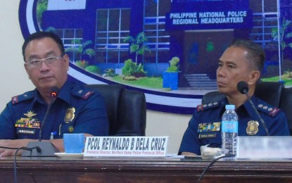 <p><strong>SUPPORT OF RESIDENTS SOUGHT.</strong> Brig. Gen. Ariel Arcinas (left), Philippine National Police deputy regional director for administration, and Northern Samar PNP provincial director Col. Reynaldo dela Cruz (right) answer questions from the media during a press briefing at the police regional headquarters in Palo, Leyte on Wednesday (Oct. 16, 2019). De la Cruz said the support of the community is a big factor in wiping out insurgency in the poverty-stricken province. <em>(PNA photo by Roel Amazona)</em></p>