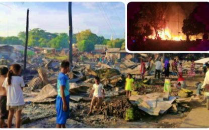 <p><strong>FIRE AFTERMATH.</strong> Children and parents sift through what was left of their stalls at the temporary site of the public market in Barangay Dalican, Datu Odin Sinsuat, Maguindanao that was razed by a fire (inset) shortly before midnight Tuesday (Oct. 15, 2019). Damage to more than 30 makeshift stalls of fish and vegetable vendors was initially pegged at PHP150,000. <em>(Photo courtesy of Rahib Bansao – DXMY Cotabato)</em></p>