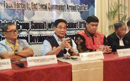 <p><strong>ENDING INSURGENCY.</strong> National Security Adviser Secretary Hermogenes Esperon, also the vice chair of the National Task Force to End Local Communist Armed Conflict, answers questions during a press briefing on the sidelines of the Visayas Island Group Summit with the Cabinet Officers for Regional Development and Security to End Local Communist Armed Conflict, held at Golden Prince Hotel in Cebu City on Wednesday (Oct. 16, 2019). Local government units that are declared insurgency-free are not exempted from participating in the national plan of the NTF-ELCAC in the whole-of-nation approach in addressing insurgency in the country.<em> (PNA photo by John Rey Saavedra)</em></p>