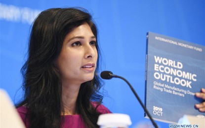 <p><strong>GLOBAL GROWTH.</strong> International Monetary Fund (IMF) chief economist Gita Gopinath speaks during a press conference in Washington D.C., the United States, on Oct. 15, 2019. The IMF lowered its global growth forecast for 2019 to 3 percent in the newly-released World Economic Outlook (WEO) report, down 0.2 percentage point from its estimation in July. <em>(Xinhua/Liu Jie)</em></p>