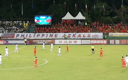 <p><strong>GOALLESS DRAW.</strong> The Philippines and China face off in Group A of the 2022 World Cup and 2023 Asian Cup Qualifiers at the Panaad Stadium in Bacolod City on Tuesday night (Oct. 15, 2019). The match ended in a scoreless draw. <em>(PNA photo by Nanette L. Guadalquiver)</em></p>