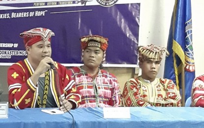 <p><strong>NPA ATROCITIES.</strong> Datu James Binayao, head of the Manobo Talaandig tribe, tells members of the media about the atrocities committed by the Communist Party of the Philippines-New People's Army-National Democratic Front (CPP-NPA-NDF) against the different tribal communities in Mindanao, during the "Usapang Pangkapayapaan, Usapang Pangkaunlaran" organized by the Air-7 of the Philippine Air Force at the Mactan Benito Ebuen Air Base on Thursday (Oct. 17, 2019). Binayao appealed to "big corporations" in the country to stop giving "revolutionary taxes" to the communist rebels as the money is used to buy firearms and bullets to kill indigenous peoples like them. <em>(PNA photo by John Rey Saavedra)</em></p>