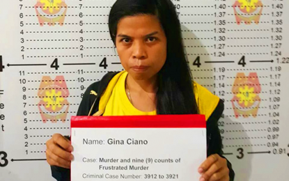 <p><strong>ARRESTED.</strong> Police mug shot of suspected New People’s Army (NPA) amazon Gina Ciano, the third most wanted communist middle-level officer in Sultan Kudarat, who was arrested on Oct. 14, 2019. The suspect has a standing arrest warrant for murder issued by the regional trial court in Isulan, Sultan Kudarat.<em> (Photo courtesy of 6ID)</em></p>