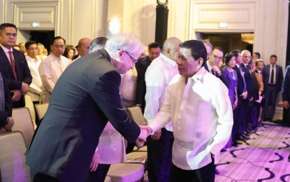 <p><strong>RUSSIA VISIT.</strong> President Rodrigo Roa Duterte greets Russian Ambassador to the Philippines Igor Khovaev during the Philippine Cultural Gala Performance at the Four Seasons Hotel in Moscow, Russian Federation on October 4, 2019. Khovaev said Russia is ready to provide the Philippines assistance in exploring nuclear energy in the country should it request, during a CNN interview on Thursday (Oct. 17, 2019). <em>(Presidential Photo)</em></p>