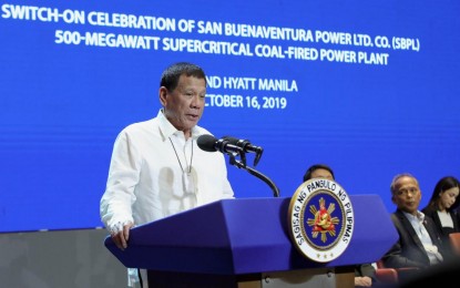 <p><strong>CLEAN ENERGY</strong>. President Rodrigo Roa Duterte delivers his speech during the Switch-on Celebration of San Buenaventura Power Ltd. Co. 500-Megawatt Supercritical Coal-Fired Power Plant at the Grand Hyatt Manila in Taguig City on Wednesday (Oct. 16, 2019). Duterte encouraged other Filipino generation firms to follow the lead of SBPL by investing in "clean energy." <em>(Presidential Photo)</em></p>