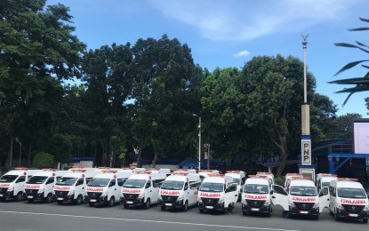 <p><strong>NEW AMBULANCES.</strong> The Philippine Charity Sweepstakes Office (PCSO) turns over 45 new ambulances to various government hospitals and health facilities nationwide in a ceremony in Camp Crame, Quezon City on Thursday (Oct. 17, 2019). The move seeks to equip local government units, government hospitals, municipal health offices, and other health institutions/facilities all over the country with medical transport vehicles to immediately respond to the needs of patients especially from poverty-stricken areas. <em>(Contributed photo)</em></p>
