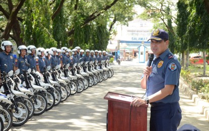<p><strong>POLICE MOBILITY AID.</strong> Brig. General Joel Napoleon Coronel, regional director of the Police Regional Office (PRO-3), delivers his message during the turnover of 36 new motorcycles from the Philippine National Police (PNP) Logistics Support Service on Thursday (Oct. 17, 2019). The motorcycles will be distributed to the seven police provincial offices in Central Luzon as part of the capability enhancement initiative of the PNP. <em>(Photo from the PRO-3)</em></p>