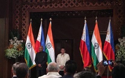<p><strong>BILATERAL MEET.</strong> President Rodrigo Duterte and Indian President Ram Nath Kovind at Malacañan Palace in Manila on Friday (Oct. 18, 2019). During their bilateral meeting, the two leaders agreed to cooperate to quell terrorism, violent extremism, and other threats besetting their countries.<em> (PNA photo by Ruth Abbey Gita-Carlos)</em></p>