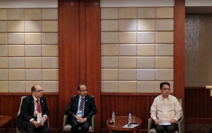 <p><strong>EXPLORING OPTIONS.</strong> Federation of Indian Chamber of Commerce Rex Daryanani (left) and CEO of GMR Construction Vivek Singhal (second from left) speak with Health Undersecretary Rolando Enrique Domingo (right) on tapping India as supplier of local medicines, during the Phil-India Trade Consultations held in Makati City on Friday (Oct. 18, 2019). The Phil-India Trade Consultations brought Indian delegates to meet with Philippine Cabinet secretaries to address their investment concerns. <em>(PNA photo by Adrian Carlo E. Herico)</em></p>