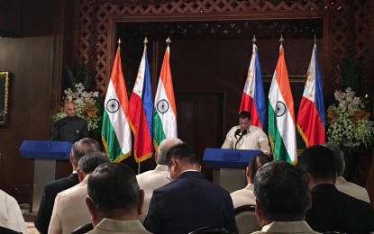 <p><strong>STRONGER TRADE TIES.</strong> President Rodrigo Duterte and Indian President Ram Nath Kovind at Malacañan Palace in Manila on Friday (Oct. 18, 2019). The two leaders issued a joint press statement after their bilateral meeting at Malacañan Palace, during which they agreed to have stronger trade and economies ties. <em>(PNA photo by Ruth Abbey Gita-Carlos)</em></p>