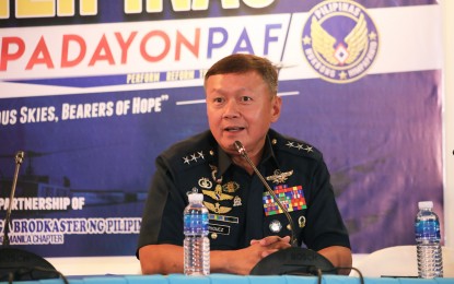 <p><strong>MRF CHOICE.</strong> PAF commander, Lt. Gen. Rozzano Briguez says they will present and defend before senior defense and military leaders their choices for the multi-role fighter (MRF) aircraft before year-end in a forum at the Villamor Airbase, Pasay City on Saturday (Oct. 19, 2019). The MRF is part of Horizon Two of the Armed Forces of the Philippines Modernization Program which is slated for 2018 to 2023 and aims to acquire more equipment for external defense. <em>(PNA photo by Joey O. Razon)</em></p>