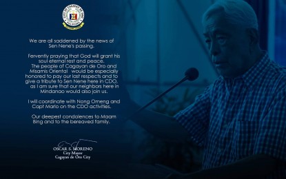 <p>The statement of Cagayan de Oro City mayor Oscar Moreno on the passing of former Senate President and city mayor Aquilino "Nene" Pimentel Jr. on Sunday. <em>(Image courtesy of the City Information Office)</em></p>