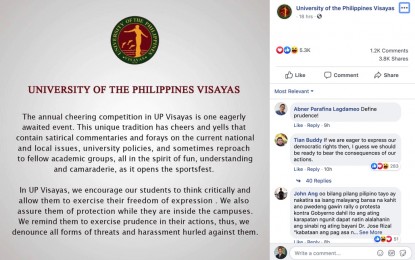 <p><strong>CHEERING, JEERING.</strong> A screencap shows the statement of the University of the Philippines-Visayas posted on its official Facebook account, defending the controversial anti-government cheers during the school's annual sportsfest, "Pahampang". However, netizens were quick in prodding the cheerleaders to be fair in their discussions on social and political issues in the country. <em>(Screencap from UP-Visayas Facebook page)</em></p>