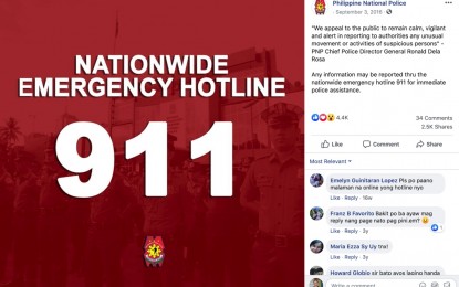 <p><strong>HOTLINE 911.</strong> A meme posted by the Philippine National Police in its official social media page promotes the Nationwide Emergency Hotline 911. Mandaue City Mayor Jonas Cortes on Tuesday (Oct. 22, 201) said he wants the Department of the Interior and Local Government (DILG) to review the current call format of the national emergency hotline 911 which has a delayed response time.<em> (Screencap from the Philippine National Police Facebook page)</em></p>