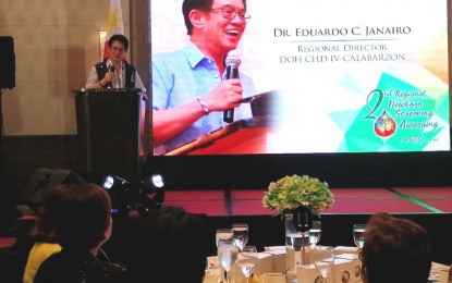 <p><strong>FURTHER RESEARCH ON NBS.</strong> DOH Calabarzon director, Dr. Eduardo Janairo, urges participants and awardees to engage in research to open new leads and discover breakthroughs, during the 2nd Regional New Born Screening Awards in General Trias City, Cavite on Tuesday (Oct. 22, 2019). NBS, which was introduced in the country in 1999, is a simple procedure where a few drops of blood are taken from the baby's heel and ideally done immediately after 24 hours from birth to find out if a baby has a congenital disorder that may lead to mental retardation or even death if left untreated. <em>(PNA photo by Gladys S. Pino)</em></p>