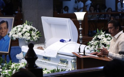 <p><strong>HAIL TO 'NENE'.</strong> Senate President Vicente Sotto III delivers his eulogy during the necrological service of former Senate President Aquilino "Nene" Pimentel Jr., at the Senate in Pasay City on Wednesday (October 23, 2019). Pimentel, who was hailed as the Father of the Local Government Code, also authored the Organic Act for the Autonomous Region of Muslim Mindanao. <em>(PNA photo by Avito C. Dalan)</em></p>