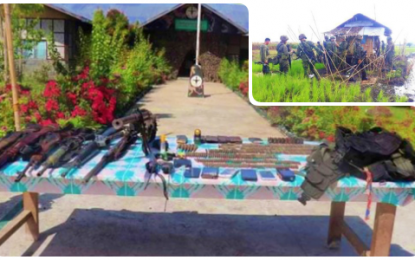 <p><strong>SEIZED FIREARMS.</strong> The high-powered firearms recovered by a joint Army-police team who fought and killed seven suspected members of the terror group Bangsamoro Islamic Freedom Fighters in Sitio Narra, Barangay Tumbras, Midsayap, North Cotabato on Wednesday (Oct. 23, 2019). One of the suspects reportedly killed in their nipa hideout (inset) was Mama Macalimbol, long wanted by law for multiple frustrated murder charges. <em>(Photo courtesy of 6ID)</em></p>