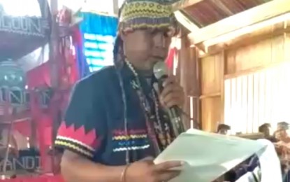 <p><strong>REJECTING CPP-NPA.</strong> Video grab of a Higaonon IP leader reading a manifesto declaring the members of the Communist Party of the Philippines, its armed wing the New People's Army, and political wing National Democratic Front of the Philippines, as enemies of their tribe. The declaration on Wednesday reaffirmed the support of Higaonon communities from Agusan del Sur, Agusan del Norte, Misamis Oriental, and Bukidnon provinces, for the government's anti-insurgency campaign.</p>