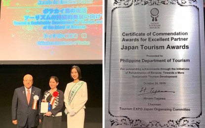 <p><strong>JAPAN FETES DOT FOR BORACAY REHAB.</strong> Department of Tourism Secretary Bernadette Romulo-Puyat receives the award for Excellent Partner at the Japan Tourism Awards in Osaka. The award-giving body cited the "socially advanced initiatives" of the agency in Boracay's rehabilitation by taking a high risk of closing the island resort and pursuing a cohesive effort to implement its physical, social, environmental and social recovery. <em>(Photos courtesy of DOT)</em></p>