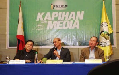 <p><strong>SEPARATION THREAT 'FALSE'.</strong> PhilHealth officials answer questions about current issues during the "Kapihan with Media" press conference at the Luxent Hotel in Quezon City on Friday (Oct. 25, 2019). They said the recent threat of Private Hospitals Association of the Philippines (PHAPi) to cut ties with PhilHealth over unpaid claims was devoid of truth and called it a "crude attempt at blackmail". <em>(PNA photo by Raymond Carl Dela Cruz)</em></p>