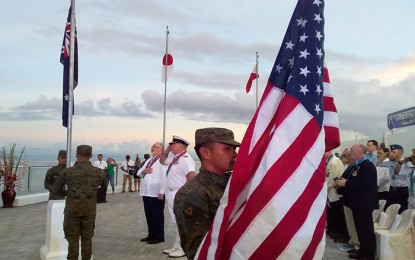 <p><strong>REMEMBERING BATTLE OF SURIGAO STRAIT.</strong> Flags of the Philippines, US, Japan, and Australia are raised during the commemoration of the 75th anniversary of the Battle of Surigao Strait, on Friday morning (Oct. 25, 2019). The commemoration rite was participated by the top officials of Surigao City, Surigao del Norte, Dinagat Islands, the veterans of World War II, and dignitaries from different countries. <em>(PNA photo by Alexander Lopez)</em></p>
