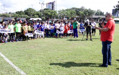 <p style="text-align: left;">Negros Occidental Football Association president Ricky Yanson Jr. reiterates to the participants of the ongoing Mindanao Cup in Davao City the importance of grassroots football development during the opening ceremony on Wednesday <em>(Oct. 23, 2019). (Photo by Jack Biantan)</em></p>