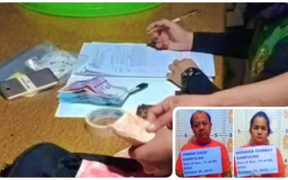 <p><strong>DRUGS, CASH SEIZED.</strong> An estimated PHP1.2-million worth of shabu and PHP27, 700 cash are seized from suspected drug suspects-couple Jomar and Noraisa Sampulna (mug shots inset) following a drug raid on Friday (Oct. 25, 2019) in Sitio Galay, Barangay Kibayao, Carmen, North Cotabato. Police say the couple has long been monitored to be involved in the huge distribution of shabu in Carmen and other nearby municipalities in the province. <em>(Photo courtesy of PRO-12)</em></p>