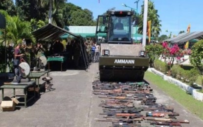 <p><strong>DESTROYED.</strong> A military road roller destroys loose firearms during demilitarization ceremonies inside the 6th Infantry Division (ID) headquarters in Camp Siongco, Awang, Datu Odin Sinsuat, Maguindanao on Friday (Oct. 25, 2019). Army chief Lt. Gen. Macairog S. Alberto led the event, which was part of the 6ID's 32nd foundation anniversary. <em>(Photo courtesy of 6ID)</em></p>