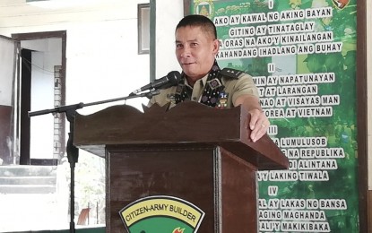 <p><strong>ROTC SKILLS.</strong> Army Reserve Command chief Maj. Gen. Bernie S. Langub underscores the basic skills that future professionals can get in the Reserve Officer Training Corps (ROTC) in his speech during the change of command for the 7th Regional Community Defense Group on Saturday (Oct. 26, 2019) at the 53rd Engineer Brigade activity center inside the Camp Lapu-Lapu, Cebu City. He expressed confidence that the government's efforts to make ROTC a premier training service to college students would surpass obstacles. <em>(PNA photo by John Rey Saavedra)</em></p>
