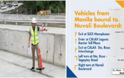 <p><strong>CALAX-LAGUNA SEGMENT OPENED</strong>. Department of Public Works and Highways (DPWH) Secretary Mark A. Villar leads the partial opening of the 10-km Laguna segment of the Cavite-Laguna Expressway, two days ahead of the nation’s observance of Undas (All Saints’ and Souls’ Days), together with DPWH, Metro Pacific Tollway Company (MPTC) and its subsidiary MP CALA Holdings Inc. as indicated on the route map of the CALAX sections from Biñan City Mamplasan to Sta. Rosa City Interchanges on Wednesday (Oct. 30). <em>(PNA photo by Saul E. Pa-a/Route Map by MPCALA)</em></p>