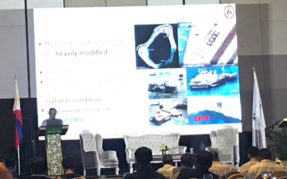 <p><strong>SAFEGUARDING MARITIME JURISDICTION.</strong> Philippine Coast Guard deputy commandant for operations, Vice Admiral Leopoldo Laroya, delivers a presentation during the National Marine Summit 2019 at the Manila Hotel on Oct. 29, 2019. Laroya called for a solution to the ‘root and causes’ of the complex problem of security risks in the Philippine waters. <em>(Photo courtesy of Ruth Abby Gita-Carlos)</em></p>