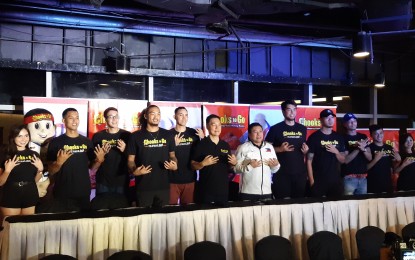 <p><strong>GILAS 3X3.</strong> SBP director for operations Butch Antonio (6th from right) and Chooks-To-Go Pilipinas 3x3 commissioner Eric Altamirano (6th from left) pose with the leagues' stars after a press conference at Crowne Plaza Manila Galleria in Ortigas Center, Quezon City on Saturday (Nov. 2, 2019). Altamirano said Gilas Pilipinas 3x3 has a good chance in FIBA 3x3 Olympic Qualifying Tournament (OQT) slated on March 18-22 next year in India. <em><strong>(PNA photo by Ivan Steward Saldajeno)</strong></em></p>
