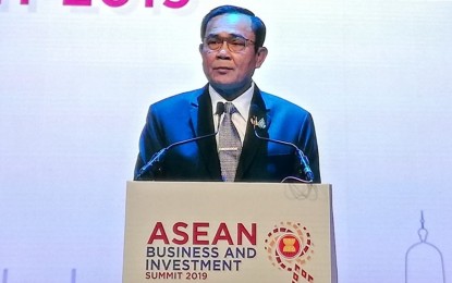 <p><strong>ASEAN SUMMIT.</strong> Thailand Prime Minister Prayut Chan-o-cha delivers his speech during the Plenary of the 35th Association of Southeast Asian Nations (Asean) Summit in Nonthaburi, Thailand on Saturday (Nov. 2, 2019). Bangkok will also host the 35th Asean Summit and Related Summits from November 3 to 4. <em>(PNA photo by Joan Villanueva)</em></p>
