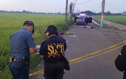 <p><strong>ARMED ENCOUNTER</strong>. Car theft suspects lay lifeless after an armed encounter with cops along NIA Road in Barangay Bagong Silang, Plaridel, Bulacan on Sunday (Nov. 3, 2019). The suspects earlier forcibly took the Toyota Vios bearing plate number AHA 2068 from their victim in Barangay Banga II of the said town.<em> (Photo courtesy of Plaridel PNP)</em></p>