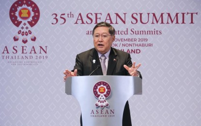 <p><strong>ASEAN-US SUMMIT.</strong> Finance Secretary Carlos Dominguez III holds a press conference at the Impact Challenger in Nonthaburi, Thailand on November 4, 2019. Dominguez told the media that President Rodrigo Duterte will be represented by Foreign Affairs Secretary Teodoro Locsin Jr. in the Asean-US Summit. (<em>Presidential photo by Albert Alcain)</em></p>