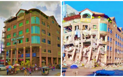 <p><strong>GONE LANDMARK.</strong> Kidapawan City’s premier Eva’s Hotel (left) before the series of strong tremors that struck the province recently, and its eventual collapse (right) following the magnitude 6.5 tremor that jolted North Cotabato province on Oct. 31, 2019.<em> (Photos courtesy of Google and PNA Cotabato)</em></p>
