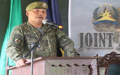<p><strong>LOSING GROUND</strong>. Lt. Col. Joey B. Baybayan, commanding officer of 3rd Special Forces Battalion, commends the courage of officials of the 13 villages in San Agustin town in Surigao del Sur for declaring the NPAs persona non grata. With the declaration, Baybayan said the NPA rebels are now losing their grounds in San Agustin and warned residents to be more vigilant as the rebels might resort to desperate moves. <em>(Photo courtesy of CMO, 3SFBn, PA)</em></p>