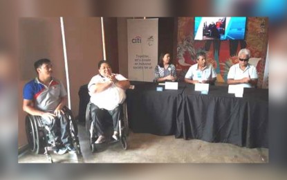 <p><strong>PARALYMPIANS</strong>. Citi Philippines chief executive officer Aftad Ahmed (2nd from right) and corporate affairs head Lisa Coory (center) pose with Philippine Paralympic Committee president Michael Barredo (right) and para athletes Adeline Ancheta and Jerrold Mangliwan during a press conference at Treston International College in Taguig on Monday (Nov. 4, 2019). Citibank will support the campaign of Ancheta and Mangliwan in the 10th Asean Para Games at New Clark City Athletics Stadium from Jan. 18 to 25 next year. <em>(PNA photo by Ivan Stewart Saldajeno)</em></p>