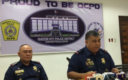 <p><strong>LEGITIMATE OPS.</strong> NCRPO chief, Brig. Gen. Debold Sinas (right) on Tuesday (Nov. 5, 2019) shrugs off claims of militant group Karapatan that the firearms seized from a search warrant operation at the office of the Bagong Alyansang Makabayan in Tondo, Manila are planted. Aside from firearms, three militant leaders were arrested in the operation.<em> (PNA photo by Lloyd Caliwan)</em></p>
