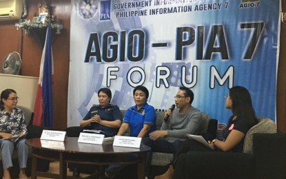 <p><strong>NATIONAL QUAKE DRILL.</strong> Talisay City Disaster Risk and Reduction Management Officer Alvin Santillana (with microphone) answers questions during the Association of Government Information Officers Forum in Cebu City on Tuesday, (Nov. 5, 2019). The Office of the Civil Defense (OCD) in Central Visayas has identified Talisay City as the pilot area for evaluation on the conduct of the 4th quarter Nationwide Simultaneous Earthquake Drills on Nov. 14. <em>(PNA photo by Sheriza Mae Uy)</em></p>