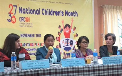 <p><strong>MENTAL HEALTH ISSUE</strong>. More professional or clinical psychologists are needed to battle depression and maintain psychological well-being as prescribed by two laws, the mental health and universal health care, said Saint Louis University Sunflower Children’s Center Dr. Faridah Kristi Wetherick (with microphone) during the National Children’s Month press conference at the Baguio City Social Welfare Development Office on Tuesday. Also in photo are Gina Claire Henderson of the Helping Hands Healing Heart Ministries (left), OCSWDO social welfare officer 4 Liza Bulayugan and Baguio City Schools Division Superintendent Marie Carolyn Verano.<em> (PNA photo by Pigeon M. Lobien)</em></p>