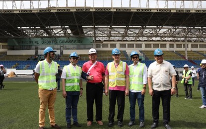 <p><strong>OCULAR INSPECTION. </strong> Members of the House Committee on Youth and Sports Development pose with Philippine Sports Commission (PSC) chairman William Ramirez (3rd from left) after visiting the ongoing rehabilitation of the sports facilities inside the Rizal Memorial Sports Complex in Malate, Manila on Wednesday (Nov. 6, 2019).  The sports facilities will be used for the hosting of the 30th Southeast Asian Games from Nov. 30 to Dec. 11 this year. <em>(Photo courtesy of PSC).</em></p>