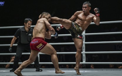 <p><strong>KNOCKOUT BLOW</strong>. Robin Catalan connects with a right kick to the head of Gustavo Balart that knocks the latter out in their match at ONE: Masters of Fate at the Mall of Asia in Pasay on Friday. <em>(Photo courtesy of One Championship)</em></p>